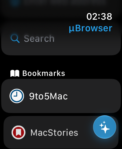The µBrowser bookmarks list on Apple Watch